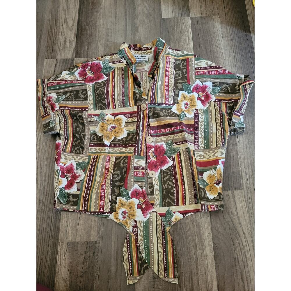 Connections neutral retro Hawaiian button up short sleeve crop top womens Size M